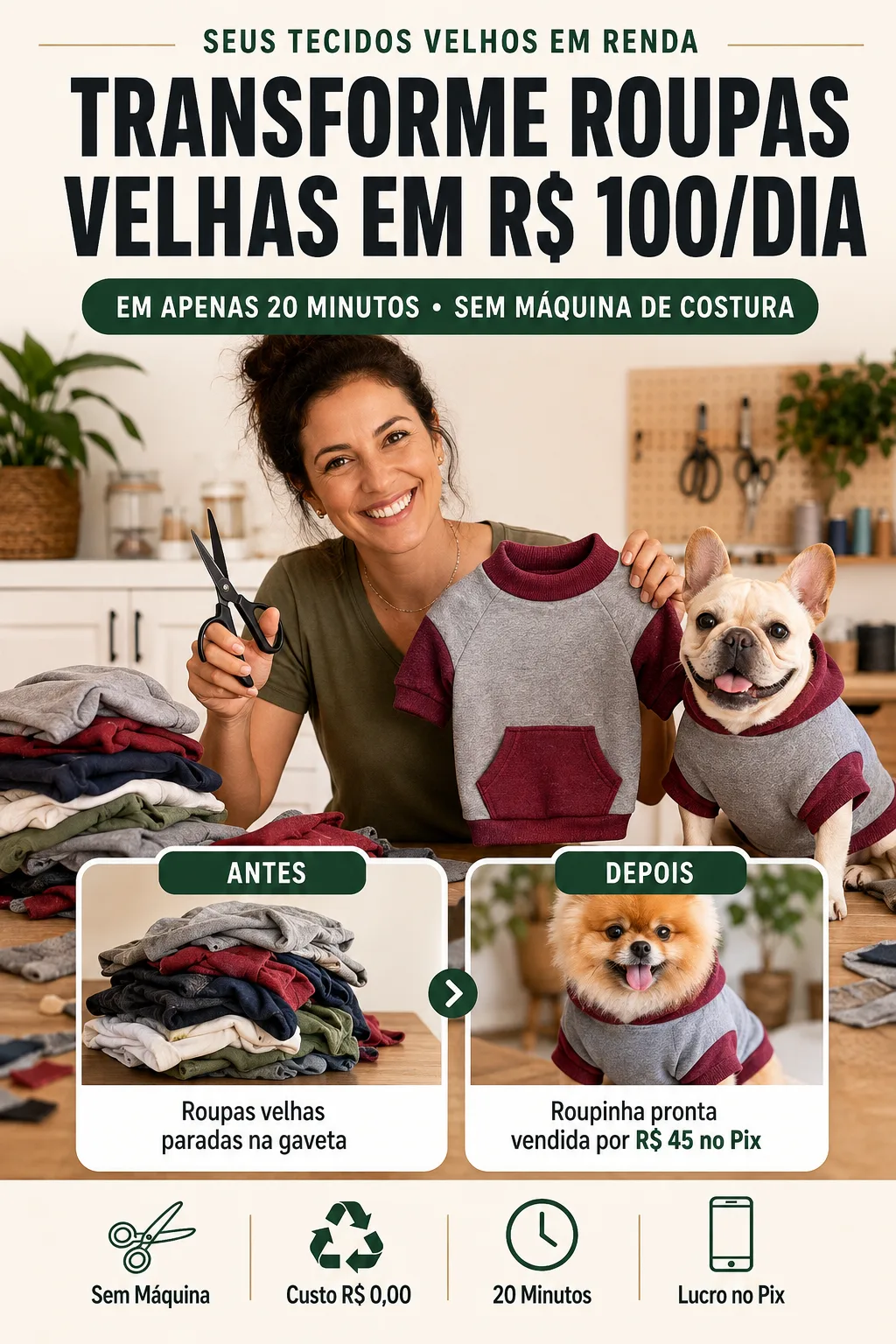 Mulher transformando roupas velhas em roupinhas pet para vender no Pix